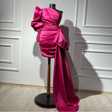 Bonnyshow Fuchsia One Shoulder Crystal Embellished Mini Dresses With Side Bow Overlay Real Image Puff Sleeves Formal Party Dress