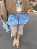 Bonnyshow  Blue Striped Casual Shorts Women Summer Flower Elastic Mid Waist Short Pants Streetwear Fashion Simple Mini Shorts 2025 New