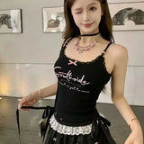 Bonnyshow  Letter Printed Lace Camisole Women'S Corset Cute Crop Tops Gothic Bow Self-Cultivation And Internal Construction Tank Top