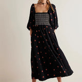 Bonnyshow Beach Style Holiday Ruffle Swing A Line Maxi Dress Bohemian Floral Dress Women Lady Square Neck Long Sleeve Club Party Dress