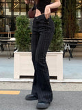 Bonnyshow  Stripe Slim Vintage Chic Jeans Zipper Pockets Fashion Low Waisted Button 90s Pants Streetwear All-match For Women