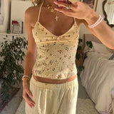 Bonnyshow  Y2K Backless Strappy Tie-up Halter Camis Floral V Neck Bustier Crop Tops Fairy Coquette Ruffle Trim Sleeveless Vest