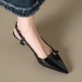 Bonnyshow  New Summer French Wine Red Pointed Patent Leather Mid-heel Overhead Sandals for Women Retro Skinny Heel Back Empty Shoes