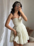 Bonnyshow  Women Strapless Dress Spring Pleated Tierred Women's Dress Sexy Backless Dress Female Chic Midi Dress Casual Beach Lady Vestido