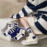 Bonnyshow 5 Pair/Set Blue Letter Stripe Socks for Women Korean Cotton Middle Tube Sock Spring Autumn Casual Sport Socks Calcetines 양말