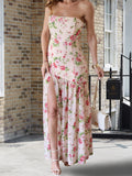 Bonnyshow  Women Off Shoulder Ruffle Dress Elegant Floral Print High Low Hem Maxi Dress for Wedding Party Prom Evening Gown Beach