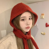 Bonnyshow Korea Cute Women's Knitted Hood Scarf Little Red Hat Warm Ear Protection Cold Windproof Cap Winter Fashion Woolen Pullover Hat