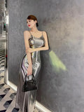 Bonnyshow Metallic Shiny Sling Long Dresses For Women Sleeveless Party Sexy Club Night Fashion Dress O Neck 2023 New Summer Dress Backless