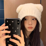 Bonnyshow Cute Bear Ear Wool Hat Winter Beanies Warm Ear Protection Knitted Beanie Cap Bonnets Cartoon Solid Color Warmer Earmuffs Caps