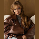 Bonnyshow Fashion Retro Leather Women's Jacket Casual Loose Turndown Collar Zipper Long Sleeve Jackets Autumn New Vintage Women Coat