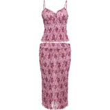Bonnyshow  See Through Print Folds 2-Piece Set Women Backless Sleeveless Suspenders+Elasticated Waist Skirts Holiday Matching Suit