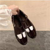Bonnyshow  T-strap Mary Janes Shoes Women Patent Leather Elegant Black Ballet Flats Shoes Female Shiny Glossy Buckle Strap Pumps Loafers