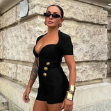 Bonnyshow Hollow Out Playsuits for Women Fashion Button Short Sleeve Bodycon Romper Black Deep V-neck Club Party Short Jumpsuits