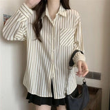 Bonnyshow  Blouses for Women Fashion Vertical Stripe Long Sleeve Shirt for Women Spring Autumn New Korean Women's Single Breasted Top