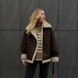 Bonnyshow Vintage Women's Coat Long Sleeve Turn-down Collar Zipper Suede Lamb Wool Jacket Thick Warm Winter 2024 Autumn New Tide
