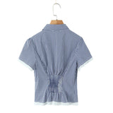 Bonnyshow  Sweet Girl Plaid Shirt Blouse Short Sleeve Lapel Collar Slim Lady Summer Tops