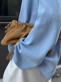 Bonnyshow  Solid Knitted Loose Backless Sweater Women Autumn New Scoop Neck Long Sleeve Sweaters Simple Casual Fashion Pullover Jumper Tops