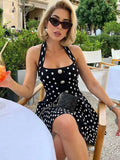 Bonnyshow  Knitted Dot Print A-E Mini Dress Women BabYoung Backless Single Breasted Elegant High Waist Dresses 2025 Spring Party Chic Robe