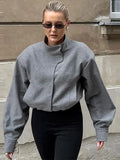 Bonnyshow Solid Color Short Women's Jacket Stand Collar Casual Loose Long Sleeve Jackets Fashion Vintage Grey Single Breasted Women Coat
