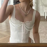 Bonnyshow  Y2K French Style Pearl Beading Tank Tops White Black Coquette Aesthetic Skinny Corset Cute Lace Bow Camisole Women