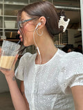 Bonnyshow  Y2k Embroidery Lace Hollowed T-shirt Women's Summer Blouses Irregular Crop Top Solid Front Button Casual Loose Tee 2025