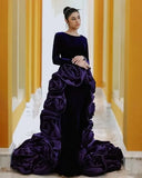 Bonnyshow Amazing Dark Purple 3D Flower Long Evening Dresses With Detachable Train Full Sleeves Modest Velvet Long Formal Dress Prom Gowns