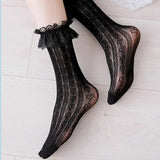 Bonnyshow Women's Summer Spring Cotton Socks Thin White Lolita Lace Stocking Black Jk Bow Sweet Mid-leg Calf Socks Sweet Style Girls Gift