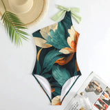 Bonnyshow  Sexy One Shoulder Bikini Set for Women, Green Vintage Print Swimsuit, Skirt Brazilian Biquini, Bath Suit Dress, New