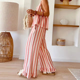 Bonnyshow  Spring Stripe Print Hollow Women Outfit Sexy Front Tie-up Bowknot Vest Top Wide Leg Pant Set Summer Sleeveless Loose Ruffle Suit