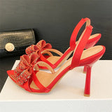 Bonnyshow  New Design Crystal Flower Pointed Toe Slingbacks Women Pumps Elegant Thin High Heels Banquet Wedding Shoes