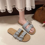 Bonnyshow  Belt Buckle Slippers Women's Fashion Round Head Open Toe Metal Buckle Soft Soled Non-slip Wear-resistant Flat Shoes