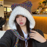 Bonnyshow Winter Knitted Plush Hat for Women Cute Cat Ear Woolen Ear Protection Cap Outdoor Windproof Cycling Caps Bomber Bonnet