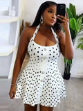 Bonnyshow  Knitted Dot Print A-E Mini Dress Women BabYoung Backless Single Breasted Elegant High Waist Dresses 2025 Spring Party Chic Robe