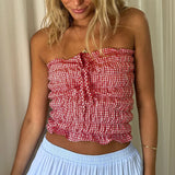 Bonnyshow  Plaid Strapless Tube Tops Elastic Ruched Off Shoulder Crop Tops Bandeau 90s Vintage Backless Y2K Tank Vest Women