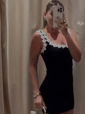 Bonnyshow  U Neck Flower Splicing Sling Mini Dress Women Black Sleeveless Backless Bodycon Dresses Summer New Lady Vocation Streetwear