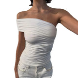Bonnyshow  Daily Slanted Shoulders t-Shirts Women Folds Skinny Elegant Temperament Summer Trend Commute Versatile Solid Classic Top