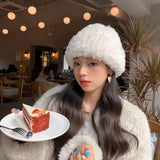 Bonnyshow Winter Plush Knitted Beanie Cap for Women Korean Thicken Warm Pullover Hat Female Girls Outdoor Solid Color Ear Protection Hats
