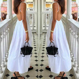 Bonnyshow  Lady Simple Backless High Waist Hem Beach Dress Summer Deep V Neck White Sling Dress Elegant Causal Sleeveless A-Line Long Dress