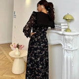 Bonnyshow  High Waist Floral Long Dress For Women Ruffled Splice Laple Long Sleeve Party Vacation Clothes Lady Retro Elegant Dress