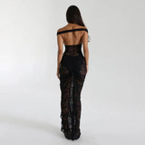 Bonnyshow New Two Piece Strapless Backless Lace Jumpsuit Skirt Gathered Maxi Skirt Set Sexy Party Dress Club Outfit