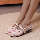 Bonnyshow  Net Flat Fashion Sandals New Summer Round Head Breathable Non-slip Line Button Mary Jane Fishnet Shoes Ladies Shoes