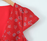 Bonnyshow  Sexy Red Floral Print Ruched Chest Deep V neck Short Sleeve Mini Dress Woman Tie Bow Sashes A-lined Dresses Femme Vestidos