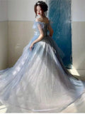 Bonnyshow  Women Blue Tulle Layered Prom Dresses Slash Neck Flying Sleeve Quinceanera Dresses Female Long Evening Gowns