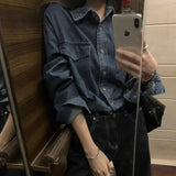 Bonnyshow Polo Collar Solid Color Casual Washed Denim Long-sleeved Shirt Women 2025 Spring New Streetwear Single-breasted Loose Tops