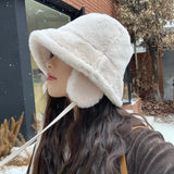 Bonnyshow Winter Warm Bucket Hat with Earflap Solid Color Thicken Plush Ear Protection Cap Women Warm Faux Fur Earmuff Hats