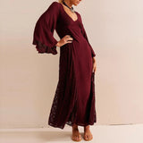 Bonnyshow  Women Lace Embroidery Crochet Hooks Long Dresses Sexy V Neck Hollow A-Line Party Dress Spring Autumn Flare Sleeve Tie-up Vestido