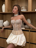 Bonnyshow  Women's Sexy Sheer Mesh Strapless Tops Elegant Fishbone Backless Lace Up Crop Top Lady 2025 Summer Fashion Party Evening Wear