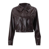 Bonnyshow Short Leather Women's Jacket Minimalism Solid Color Vintage Jackets Autumn Casual Retro Women Coat Classic Coats Outerwear