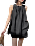 Bonnyshow  Two-Piece Solid Cotton And Linen Suit Women'S Folding Sleeveless Vest Top Women'S Summer New  Thin Loose Shorts