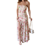 Bonnyshow  Women Off Shoulder Ruffle Dress Elegant Floral Print High Low Hem Maxi Dress for Wedding Party Prom Evening Gown Beach